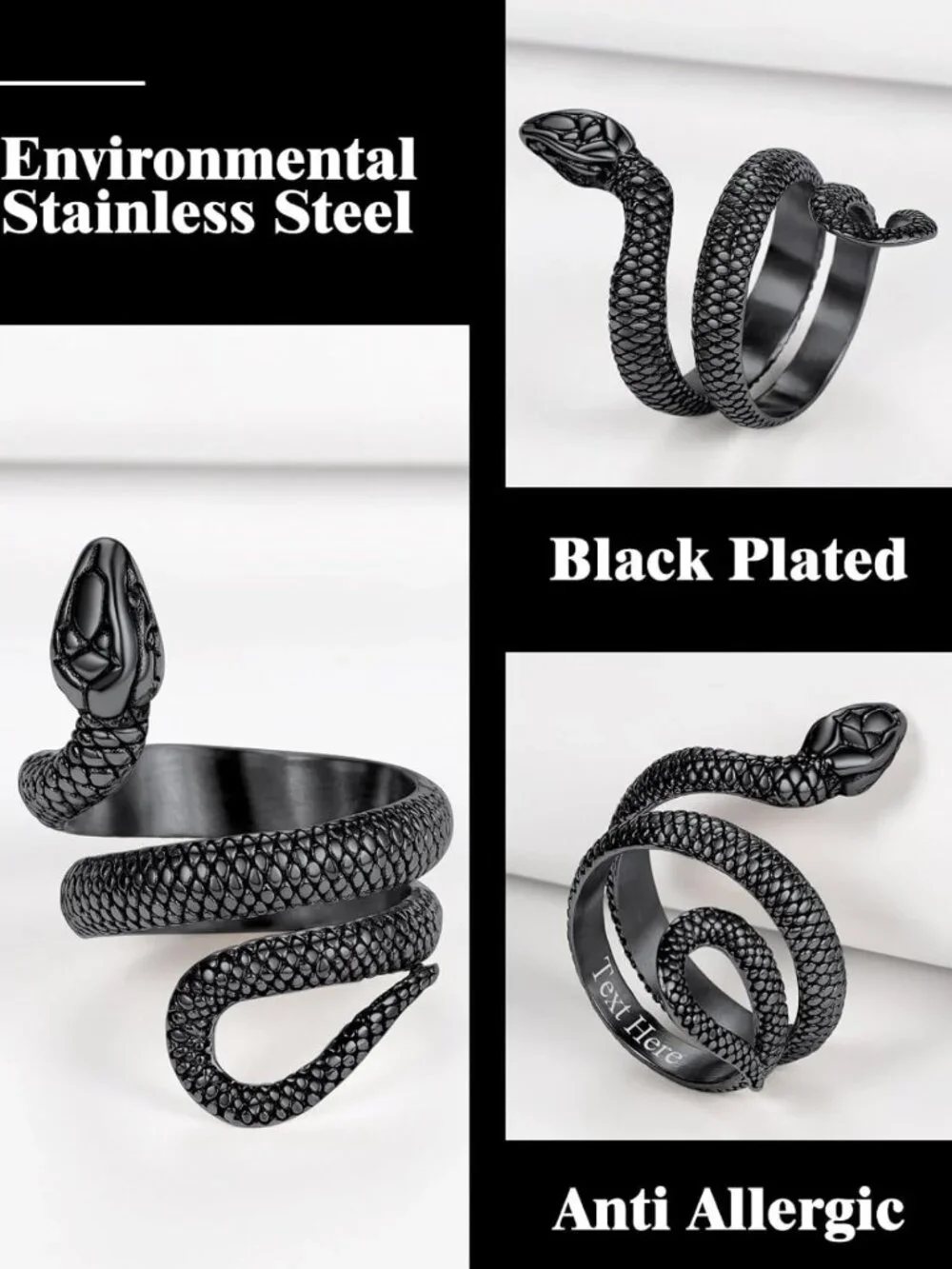 Stylish Black Snake Ring for Men & Women - Stainless Steel & 18K Gold Plated